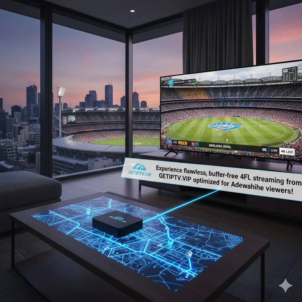 A smart TV streaming live AFL sports in 4K with a GETIPTV.VIP box, symbolizing stable, buffer-free streaming for viewers in Adelaide, South Australia.