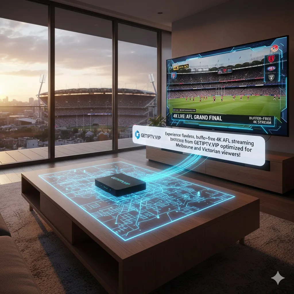 A living room TV streaming the AFL Grand Final in 4K with a GETIPTV.VIP box, guaranteeing buffer-free live MCG events for Melbourne viewers.