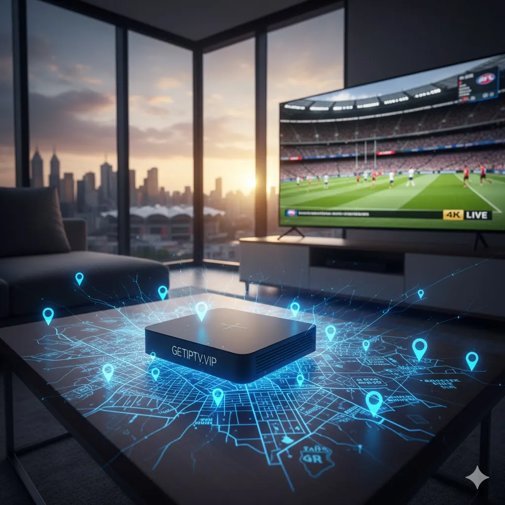 GETIPTV.VIP box streaming a 4K AFL game on a large screen, guaranteeing buffer-free live MCG events for Melbourne viewers.