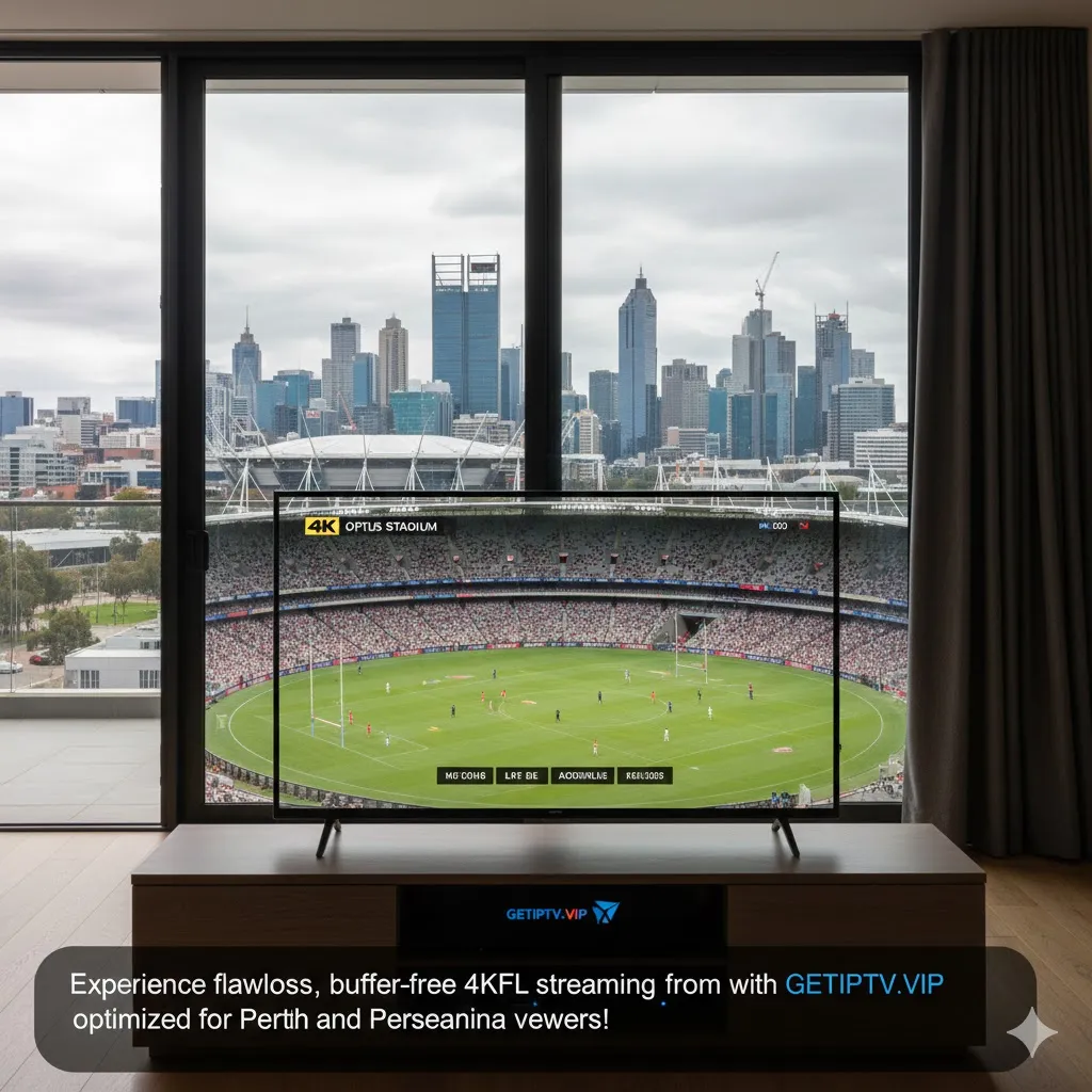 GETIPTV.VIP box streaming a 4K AFL game on a large screen, guaranteeing buffer-free live Optus Stadium events for Perth viewers.
