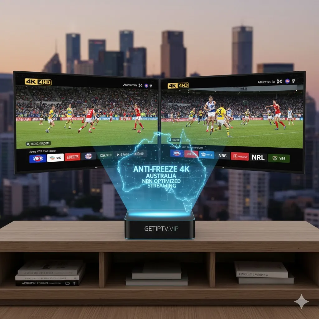 A smart TV streaming high-action 4K live sports with a GETIPTV.VIP box, symbolizing buffer-free, stable IPTV service across the entire Australian NBN network.
