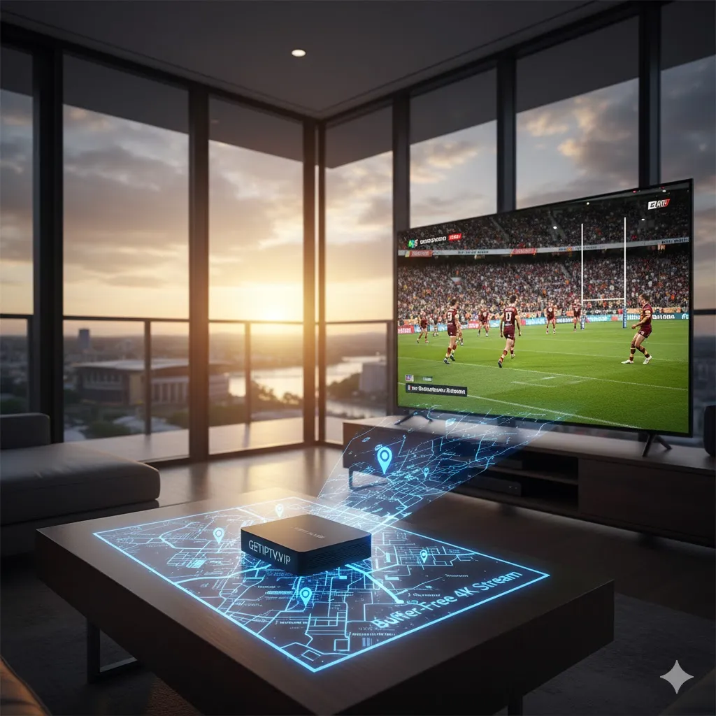 GETIPTV.VIP box streaming a 4K NRL rugby match on a large TV, representing buffer-free live sports for Brisbane and Queensland viewers.