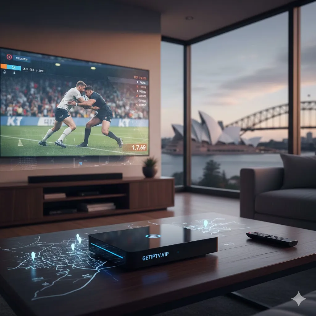 GETIPTV.VIP box streaming 4K rugby match on a large TV in a Sydney apartment overlooking the Opera House and Harbour Bridge.