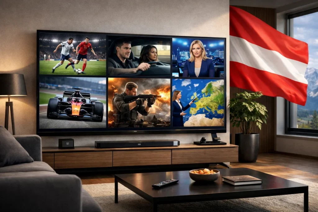 Austria IPTV Service mit GetIPTV.vip auf Smart TV in modernem Wohnzimmer in Österreich