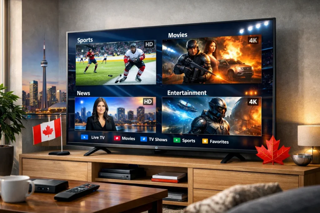 Best IPTV service in Canada displayed on a smart TV with Canadian skyline and modern living room