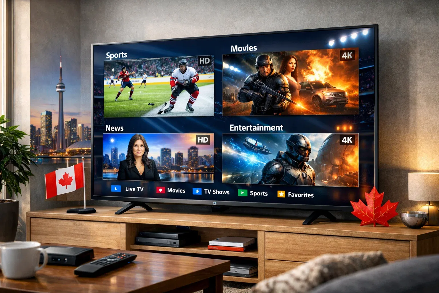 Best IPTV service in Canada displayed on a smart TV with Canadian skyline and modern living room
