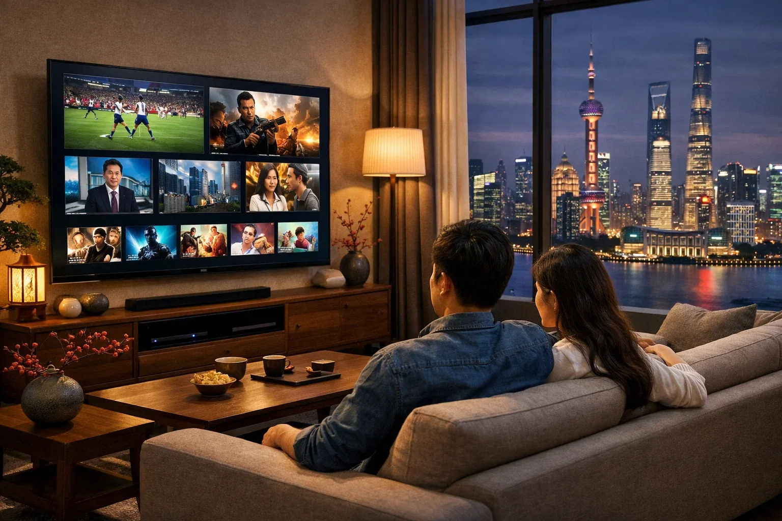 Modern Chinese family watching IPTV sports and movies on a smart TV with fast internet streaming in China