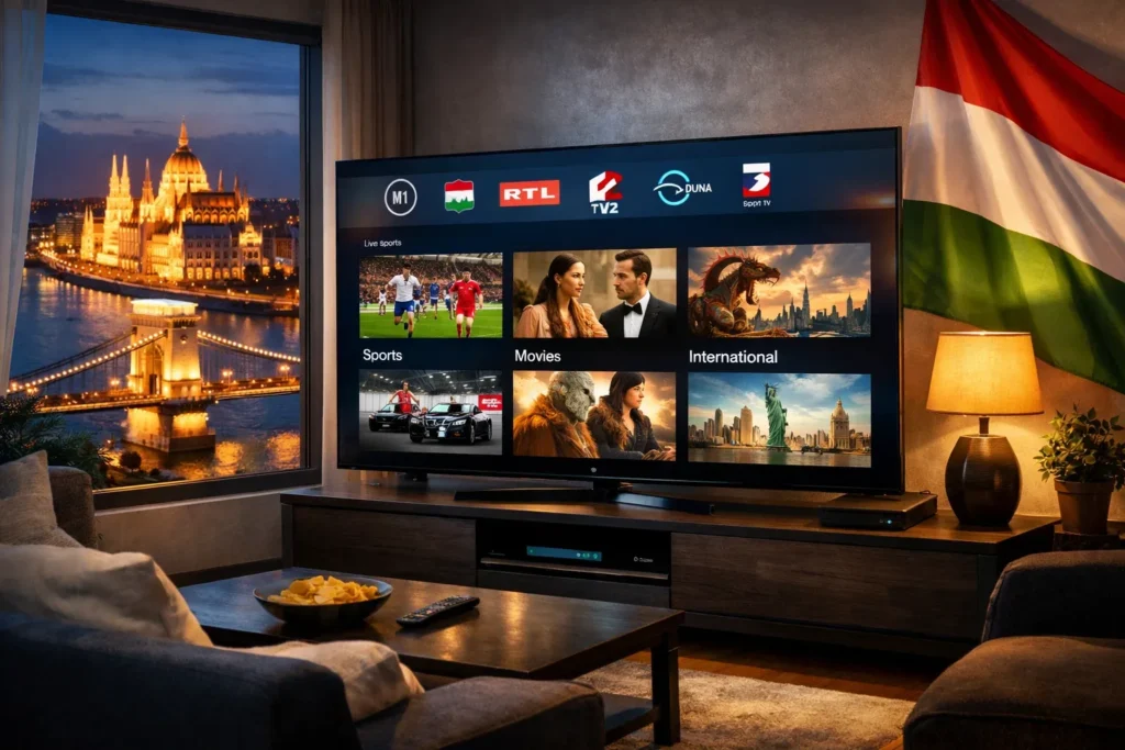 Hungary IPTV service with Hungarian TV channels, sports and movies on smart TV in Budapest living room