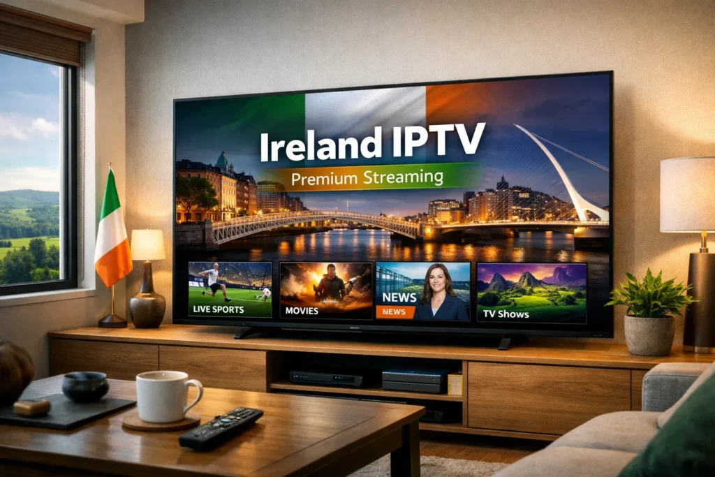 Ireland IPTV service showing premium TV streaming with GetIPTV on a smart TV in an Irish living room