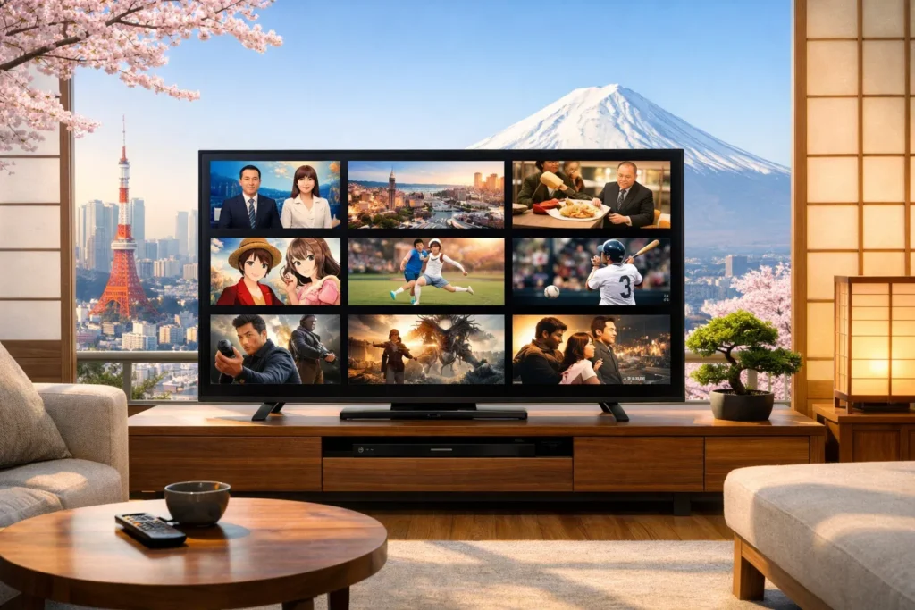 日本のリビングルームでスマートテレビにIPTVチャンネルを表示しているGetIPTV.vipのサービス
