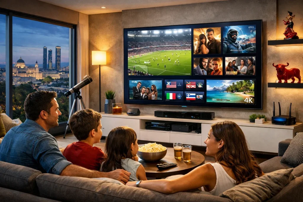 Familia en España viendo IPTV en Smart TV con canales de deportes, películas y contenido 4K
