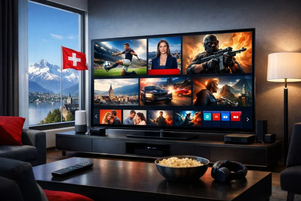 Premium IPTV Streaming in der Schweiz mit GetIPTV.vip auf einem modernen 4K Smart TV mit internationalen Sendern und Sportkanälen