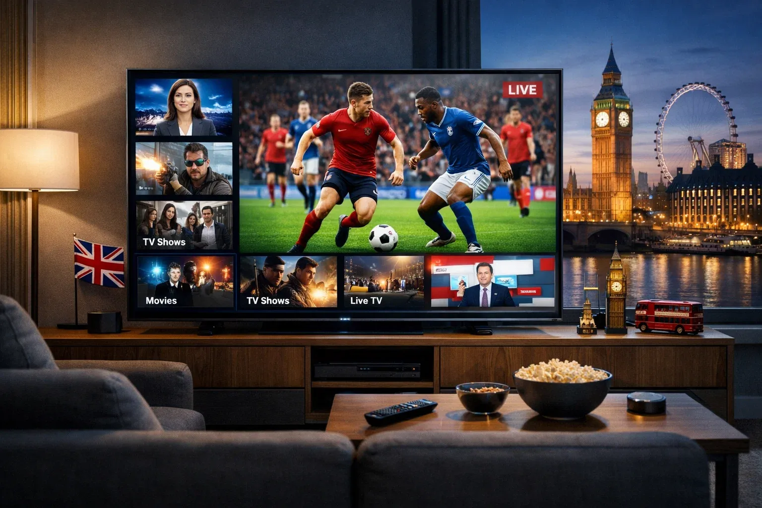 UK IPTV service showing live TV, sports and entertainment streaming on a smart TV in the United Kingdom
