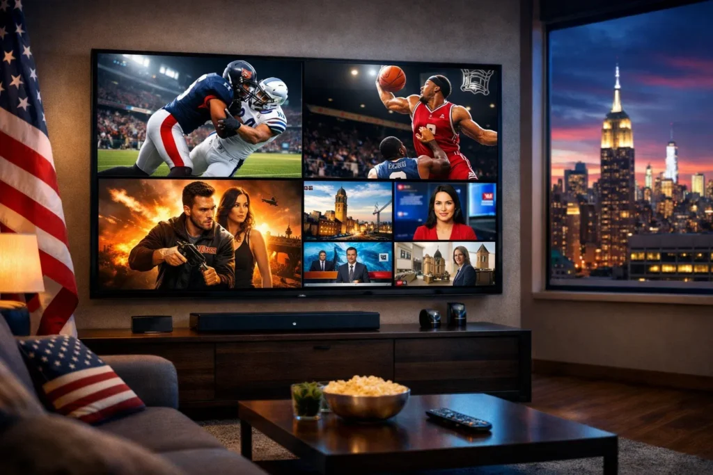 Modern American living room with a smart TV showing IPTV channels including sports, movies, and news in the USA