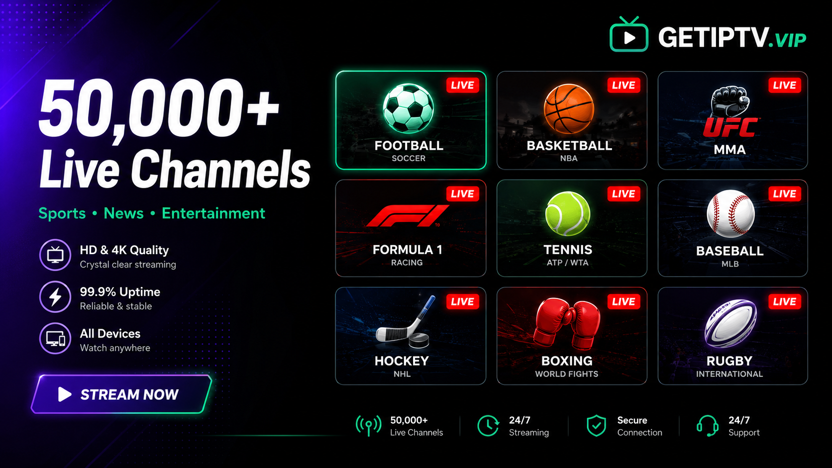 Live sports IPTV channels — football, basketball, UFC with GETIPTV.VIP